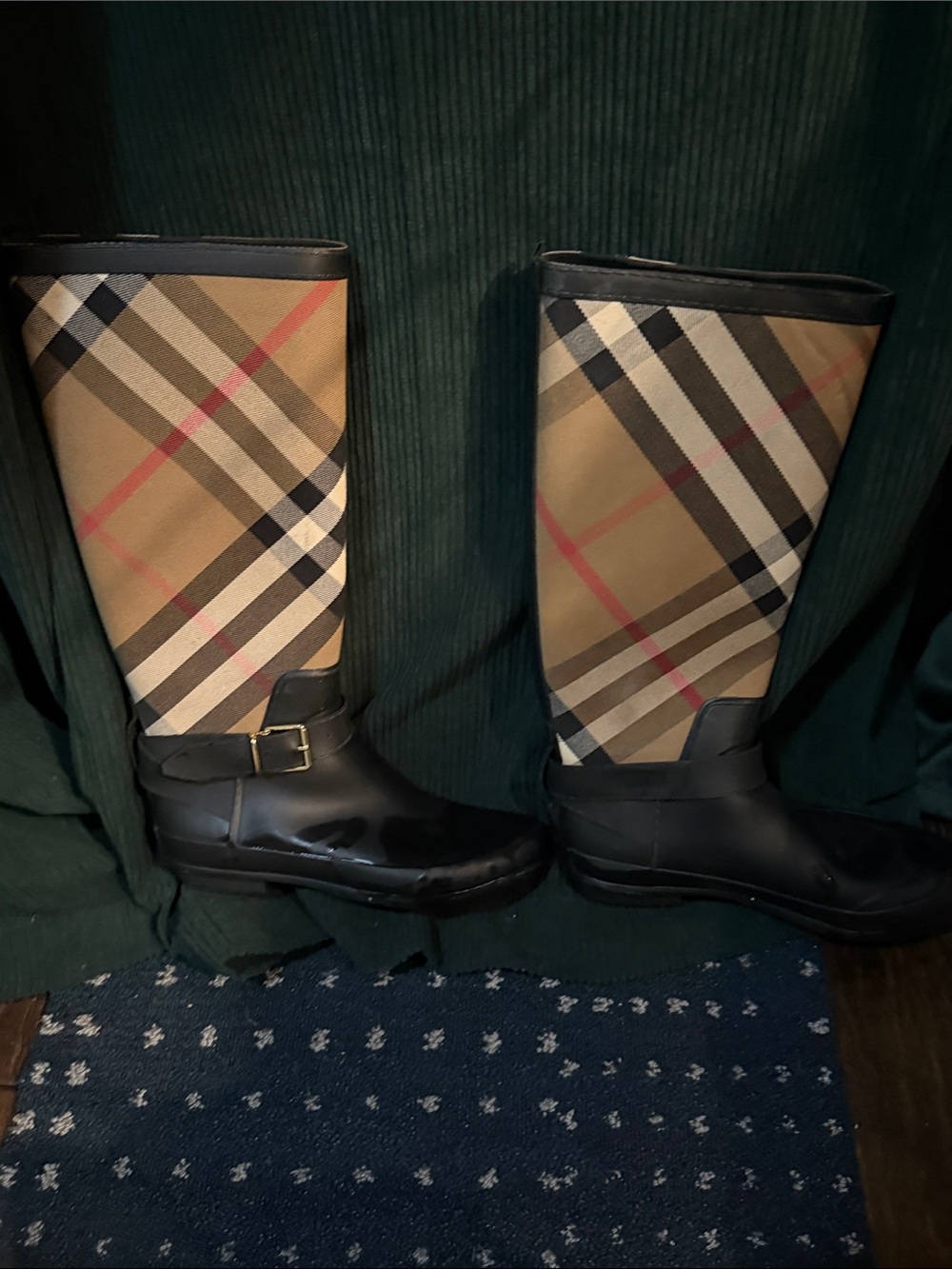 Burberry Beige Plaid Rubber Rain Boots with Black Trim